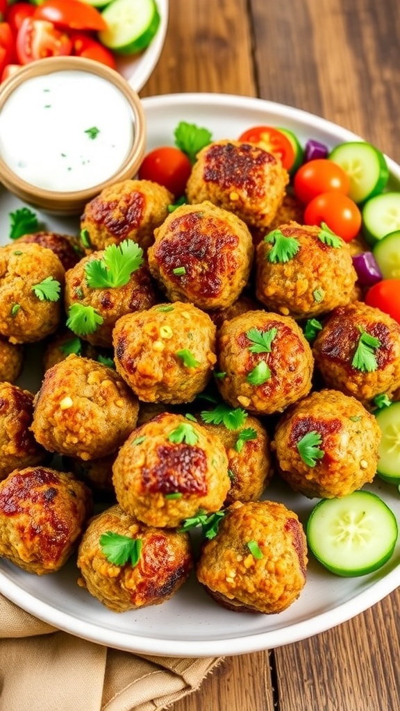 Greek quinoa meatballs on a plate with tzatziki sauce and salad.